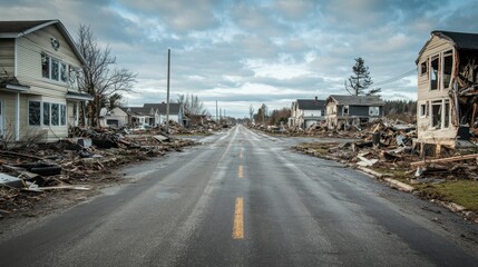 Desolate Street Scene with Damaged Houses and Debris After a Natural Disaster in a Rural Area