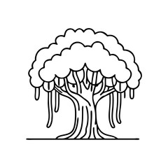 Black and White Vector Drawing of a Weeping Willow Tree, A minimalist black and white vector illustration of a weeping willow tree with hanging branches and stylized foliage.

