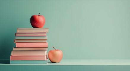Books stacked with red apples on a pastel blue background in a cozy study setup