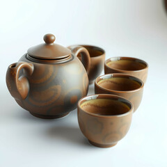 A Japanese tea set with a textured teapot and matching cups in earthy tones. Generative AI