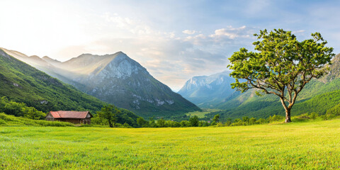 Fototapeta premium serene landscape featuring mountains, lush valley, and solitary tree. scene captures beauty of nature with soft sunlight