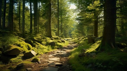 Fototapeta premium A photo of a scenic hiking trail winding through a lush forest