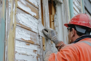 Close-up of a Construction Worker Applying Fresh Paint on Wood Surface During Renovation with Safety Gear and Technique
