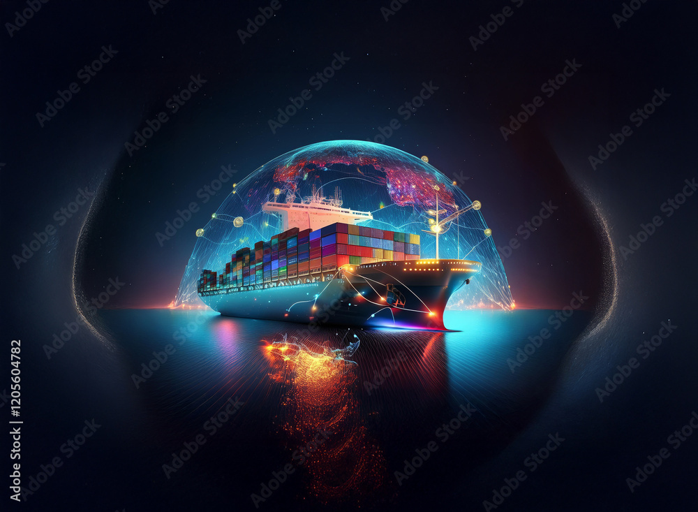 Poster a container ship, glowing with vibrant light, sails within a digital globe, symbolizing global trade