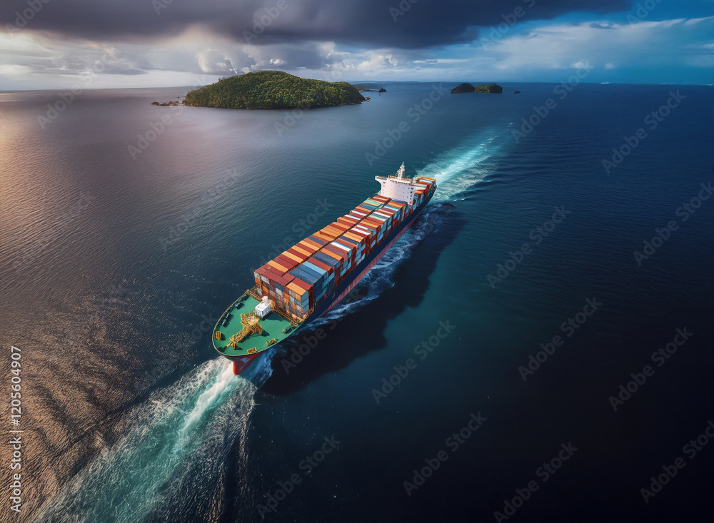 Poster a large container ship sails across a deep blue ocean, leaving a white wake. tropical islands and dr