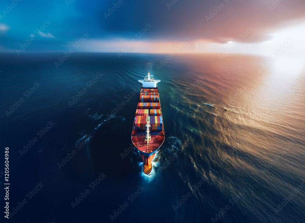 Poster a large container ship sails on a dramatic ocean, under a stormy yet beautiful sky. the vessel cuts 