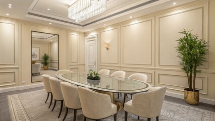 Elegant Dining Room Features Oval Glass Table and Crystal Chandelier