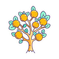 Cartoon orange tree with ripe fruit, Playful illustration of a cartoon orange tree featuring ripe oranges and green leaves, perfect for agriculture or nature-themed projects.
