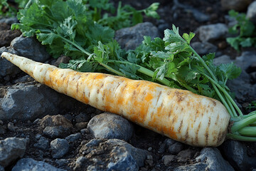 A large pale carrot rests on dark rocks with green leaves
