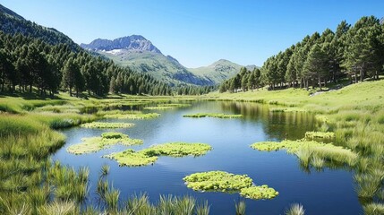 Fototapeta premium Mountain lake serene landscape summer postcard
