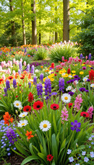 Vibrant spring flowers blooming in a lush forest garden
