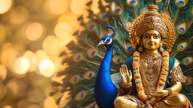 lord god Kartikeya (Murugan, Subrahmanya) seated with his Vel and peacock, Happy Thaipusam background