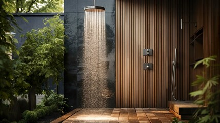 A photo of a serene spa outdoor rain shower.