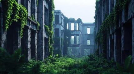 Obraz premium Abandoned Urban Ruins Overgrown with Lush Greenery and Vines