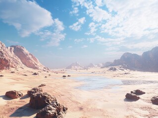 Vast Martian Landscape with Rugged Mountains and Puddles under a Cloudy Sky