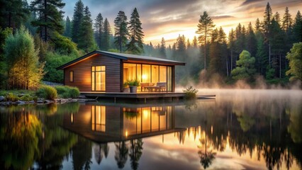 Obraz premium Serene Lakeside Cabin Illuminated by Warm Sunset Glow, Reflecting in Calm Waters, Surrounded by Tranquil Forest