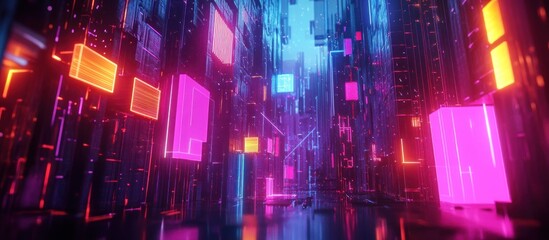 Modern digital background featuring vibrant neon gradient and abstract geometric shapes