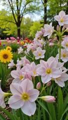 Fototapeta premium Close-up of pink and white spring flowers in a colorful garden 