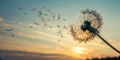 Obraz premium Dandelion Seeds Drifting on a Gentle Breeze at Sunset, a Symbol of Hope and New Beginnings