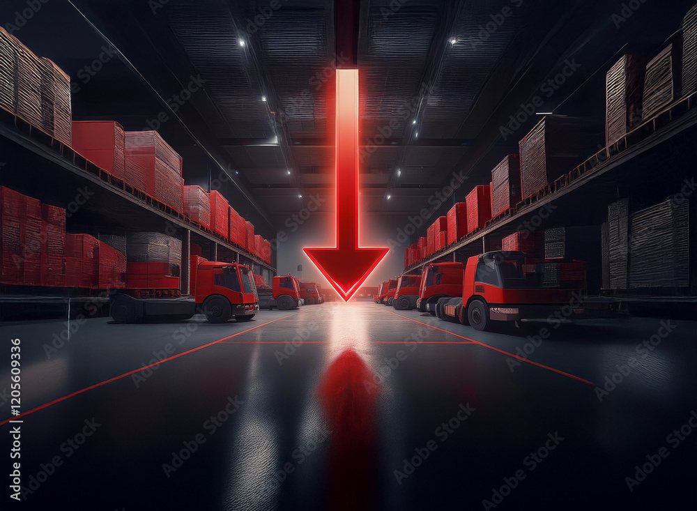 Poster A large warehouse with rows of cargo trucks and stacked boxes. A glowing red arrow points downward, suggesting inventory decline or shipment.