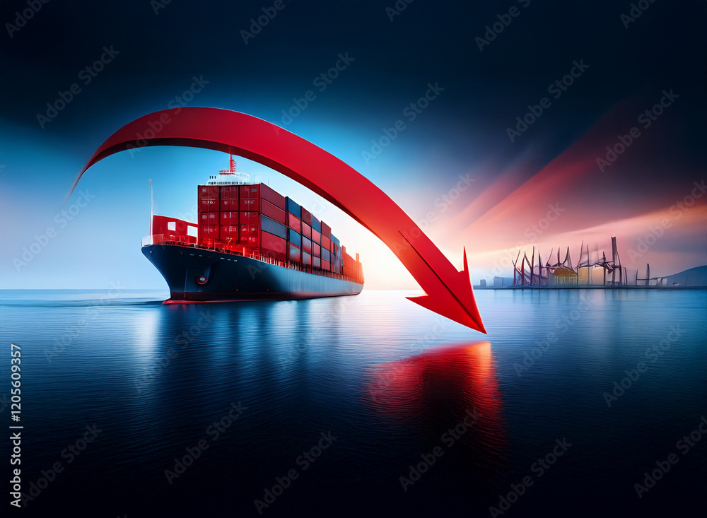 Poster large container ship sailing towards a port at sunset, with a large red arrow indicating downward tr