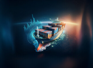A container ship sails the digital globe, showcasing global trade and technology integration.  Data streams and cityscapes swirl around it, symbolizing connectivity and the future of shipping.