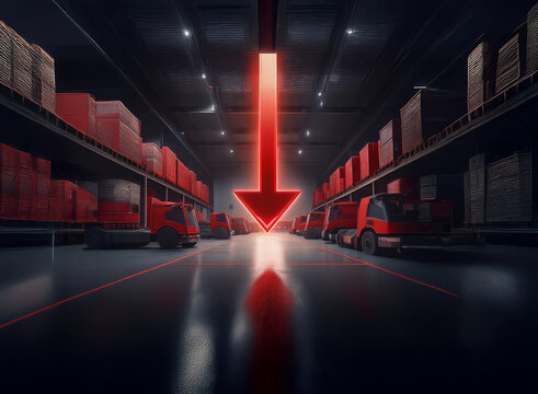 A large warehouse with rows of cargo trucks and stacked boxes. A glowing red arrow points downward, suggesting inventory decline or shipment.