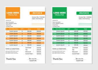 Invoice design, very simple , professional, perfect for corporate branding, green color , creative and elegant , customizable layout , suitable typography.