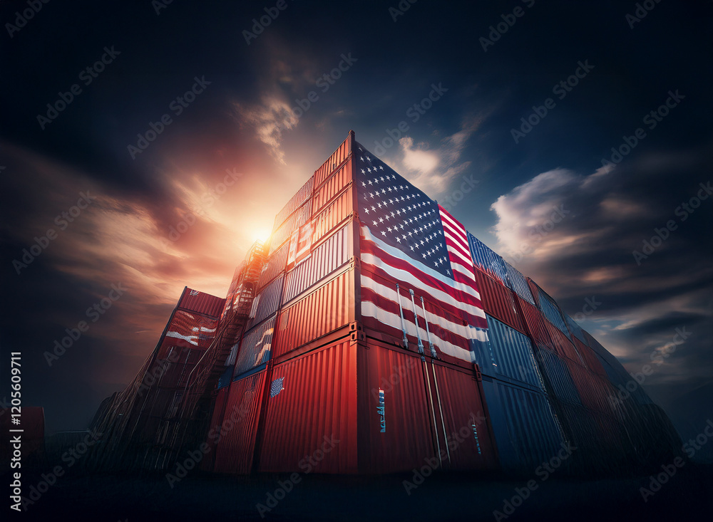 Poster a dramatic low-angle view of stacked shipping containers at sunset, one prominently displaying the a