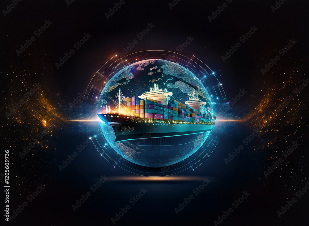 Aufkleber A container ship sails the globe, encircled by a futuristic digital network, symbolizing global trade and interconnectedness.  The vibrant image suggests efficient, high-tech shipping and logistics.