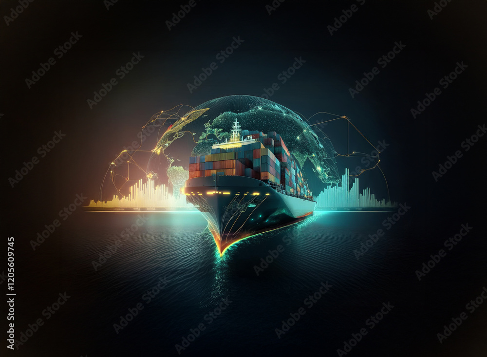 Poster a container ship sails, its journey visualized by a glowing digital globe showcasing global trade co