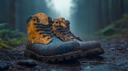 A pair of muddy boots are sitting on a wet road