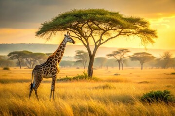 Fototapeta premium Golden Hour Giraffe in African Savanna A Majestic Creature Silhouetted Against a Vibrant Sunset