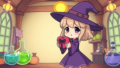 Adorable Witch Girl Holds Heart Shaped Gift Box