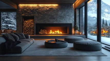 Fototapeta premium Cozy Winter Escape: Luxurious Mountain Cabin with Fireplace