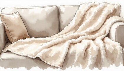 Fleece blanket on couch, watercolor tones of ivory and taupe