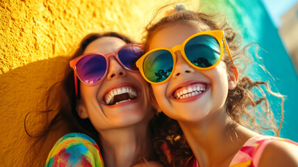 Happy mother and daughter wearing colorful sunglasses and outfits, laughing joyfully in the sunlight against a vibrant yellow and blue background, concept of motherhood and happiness