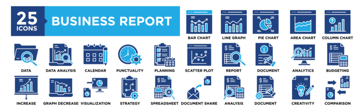 Business Report icon collection set. Containing design business, report, marketing, analysis, corporate, office, growth, strategy