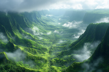 Obraz premium Lush Green Mountains Valley Cloudscape Scenic View
