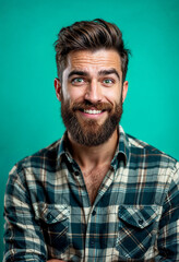 Smiling Bearded Man in Plaid Shirt on Vibrant Background