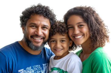 A photo of a happy family a father with black hair and a beard wearing a blue t-shirt