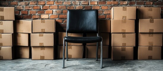Empty Chair Amidst Stacked Cardboard Boxes Against Brick Wall