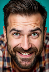 Smiling Man with Green Eyes in Close-Up Portrait