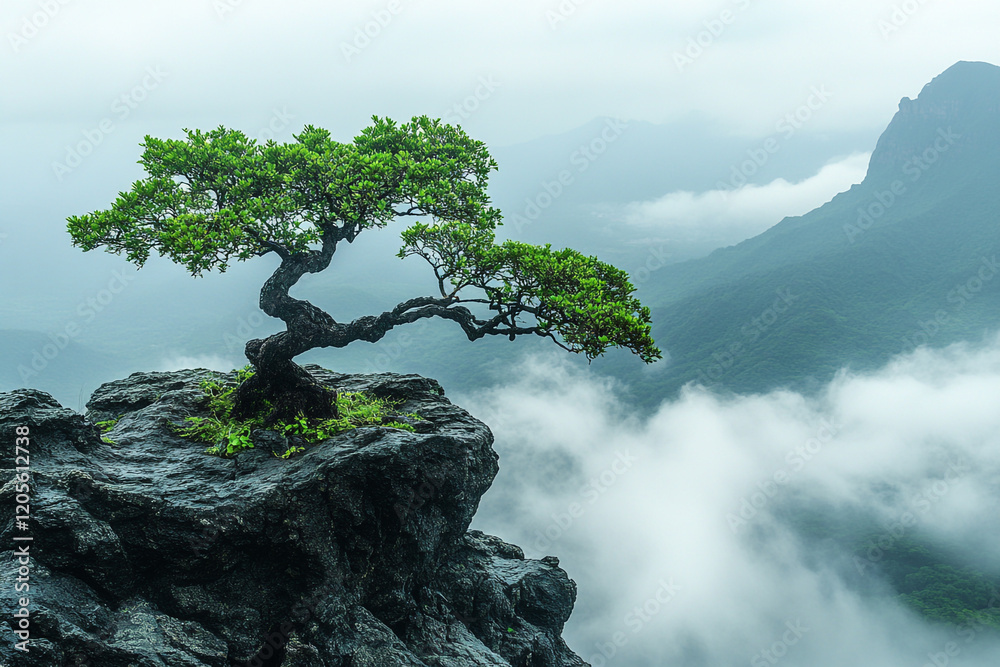 Wall mural Lone Tree Perched on Mountaintop Cliff Overlooking Clouds