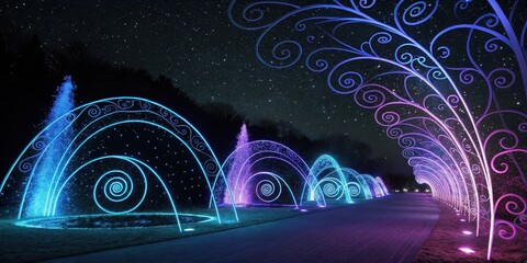 Obraz premium Nighttime illuminated pathway with swirling light arches and fountains under a starry sky