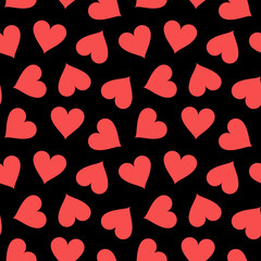 seamless pattern features red hearts on a black background, creating a romantic and stylish design perfect for Valentine's Day, love-themed decorations, and gifts