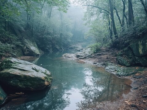 Misty forest stream with rocky banks and reflections of trees in calm water