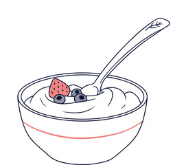 Healthy breakfast milk porridge concept dish of oatmeal with strawberry, blueberries, A sweet fruit dessert of cold cream with cherries. Yogurt bowl. Porridge stock vector clipart and Illustration