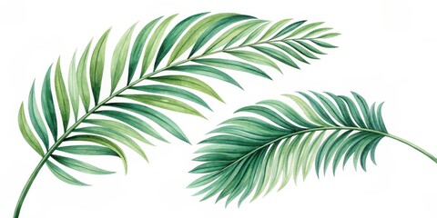Two Lush Watercolor Palm Fronds Isolated on White Background