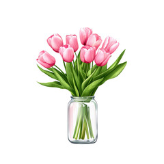 Obraz premium Vibrant Pink Tulips in Glass Vase Clipart Image
